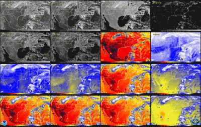 Example of ABI L1b data for each of the 16 bands as simulated from high resolution numerical weather prediction model output and state-of-the-art radiative transfer models.