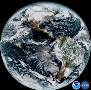 This composite color full-disk visible image is from 1:07 p.m. EDT on January 15, 2017 and was created using several of the 16 spectral channels available on the GOES-16 Advanced Baseline Imager (ABI) instrument. The image shows North and South America and the surrounding oceans. 